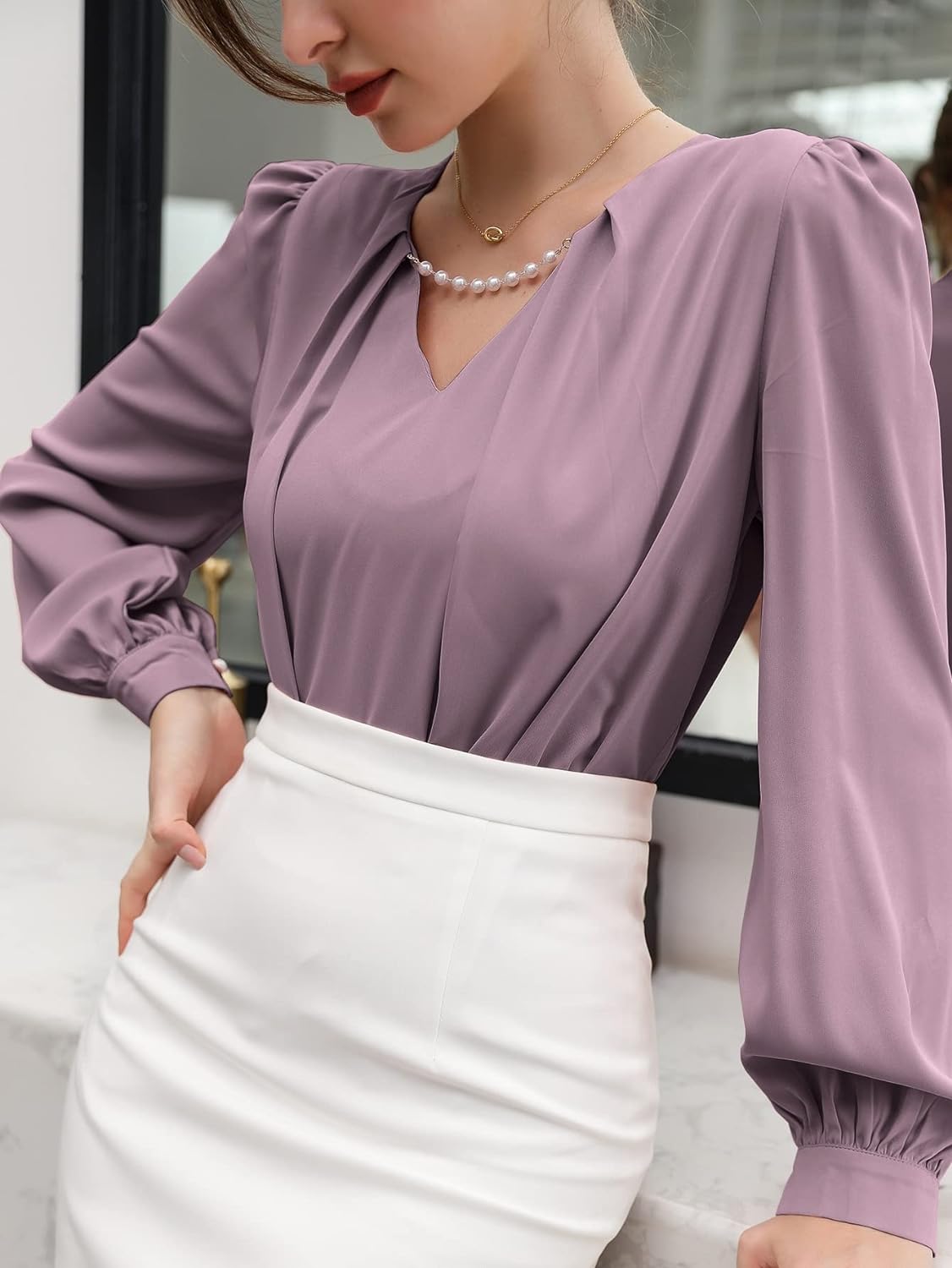 SHEIN Women's Elegant Pearls Notched Neck Puff Long Sleeve Shirt Blouse Top Purple S