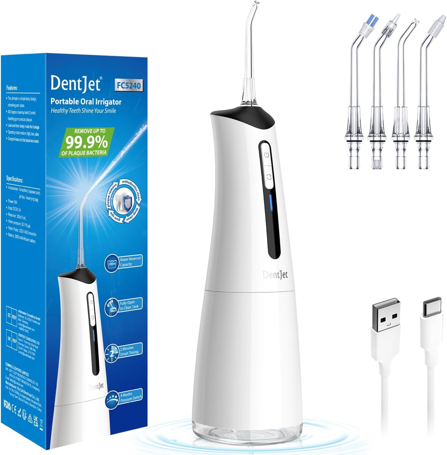 DentJet Water Dental Flosser Cordless Oral Irrigator Rechargeable, 300ml Waterproof Power Flosser Teeth Cleaning Kit for Travel and Household (2024 Update Version)