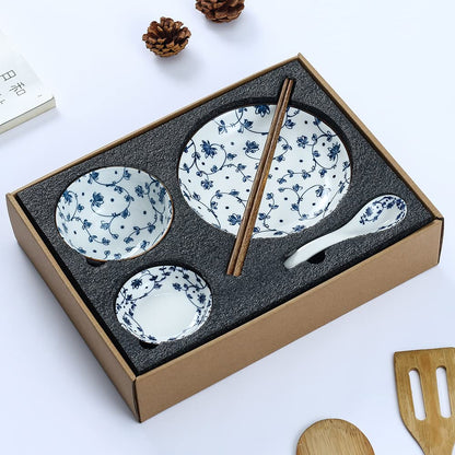 Gegong Blue and White Porcelain Dinnerware Set, Dishes, Bowl, Spoon, Chopsticks, Service for 1, Colorful Glazed Ceramic Set, Gift Box Packaging (Willow Leaves)