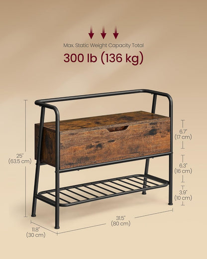 VASAGLE Bench, Shoe Rack, Furniture, with Storage Drawer, Industrial Style, Steel Frame, for Entryway, Living Room, Bedroom, Rustic Brown and Ink Black ULSB051K01, 11.8''D x 31.5''W x 25''H