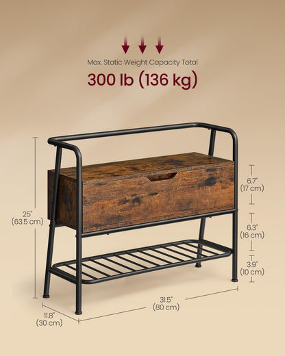 VASAGLE Bench, Shoe Rack, Furniture, with Storage Drawer, Industrial Style, Steel Frame, for Entryway, Living Room, Bedroom, Rustic Brown and Ink Black ULSB051K01, 11.8''D x 31.5''W x 25''H