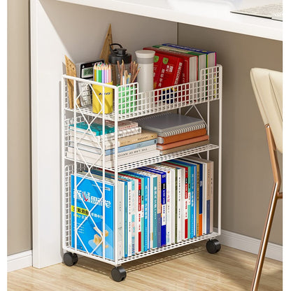 4-Tier Bookshelf with Wheel, Metal Book Storage Shelves Floor Standing Bookcase Grids Storage Books Holder Storage Rack Modular Bookshelf,Removable Book Rack for Office Home School (65×40×18CM)