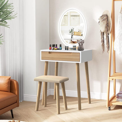 YU YUSING Dressing Table with Lighting, Dressing Table with LED Mirror Chair, Dressing Table, Cosmetic Table with Drawers, Stool Adjustable Brightness, Dressing Table, Vanity, Oak