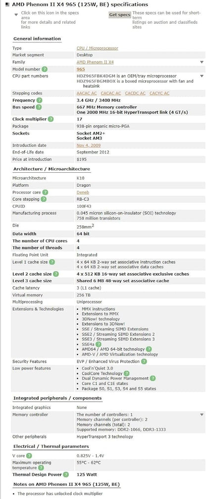 AMD Phenom II X4 965 3.4 GHz Quad-Core CPU Processor HDZ965FBK4DGM Socket AM3 NO FAN