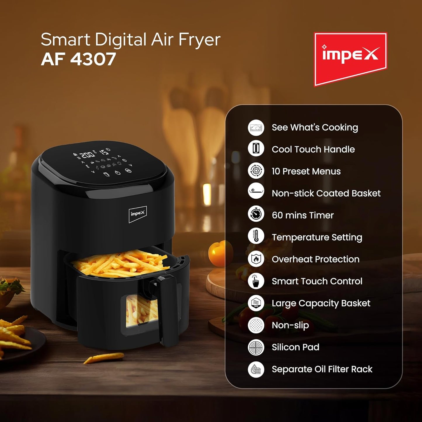 Impex AF 4307 Air Fryer With Adjustable Temperature Control, Overheating Protection 4.5 L 1200W Black