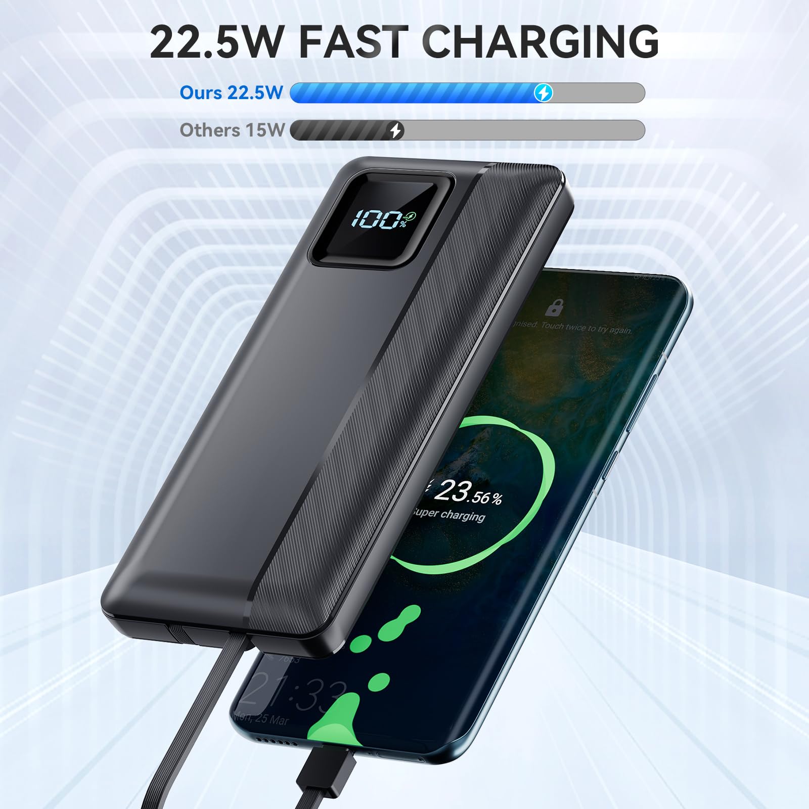 Power Bank Portable Charger 10000mAh 22.5W Fast Charging Mini Powerbank with Built in USB C and IOS Cables, Mobile Phones Battery Pack for iPhone Android iPad Samsung Google Pixel LG - CaveHubs