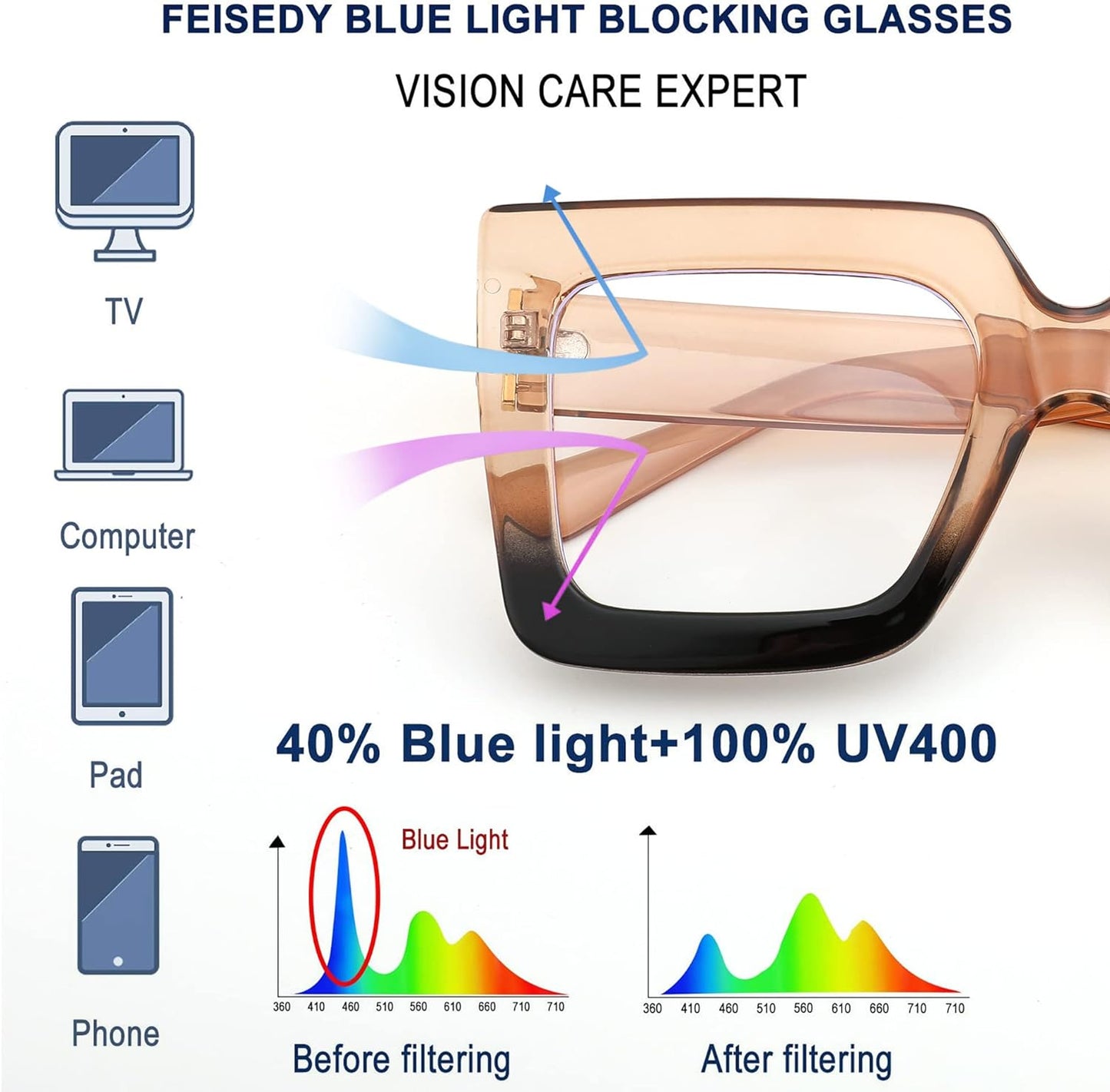 FEISEDY Fashion Oversized Square Glasses Frame Blue Light Blocking Eyewear for Women B2381