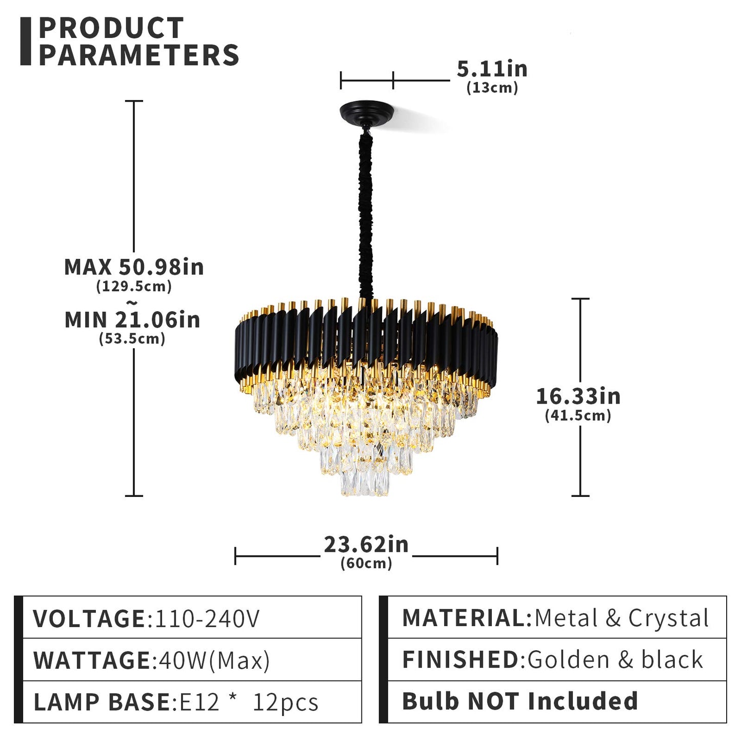 Modern Crystal Chandeliers Gold Black Crystal Chandeliers 3-Tier Round Crystal Chandelier Ceiling Light Fixture Crystal Pendant Light Fixture for Dining Room Living Room Bedroom Foyer Hallway W15.7"