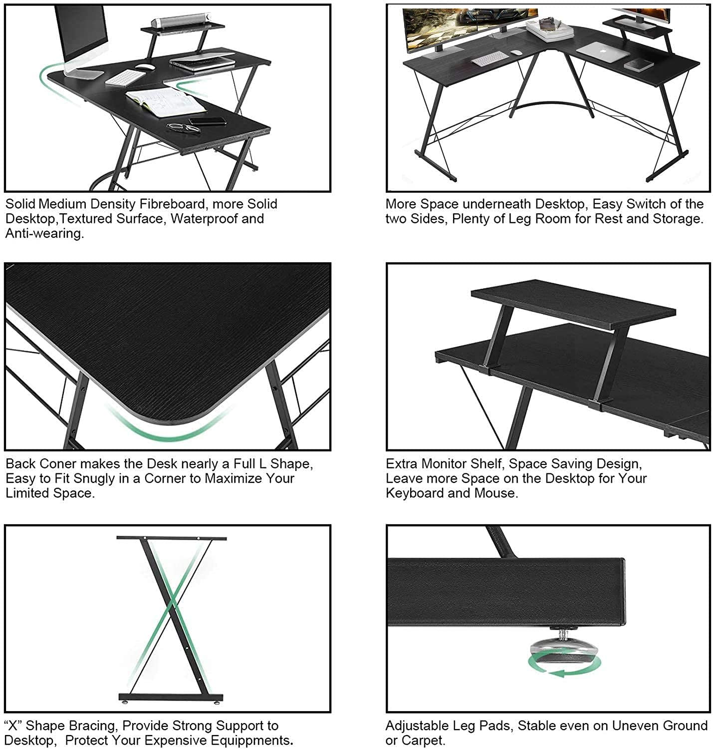 VARWANEO MiniDeer L-Shaped Desk 50.8in Computer Corner Desk, Home Gaming Desk, Office Writing Workstation w Large Monitor Stand, Space-Saving, Easy to Assemble ((50.8in+50.8in)(W)x18.2in(D)x29.5in(H))