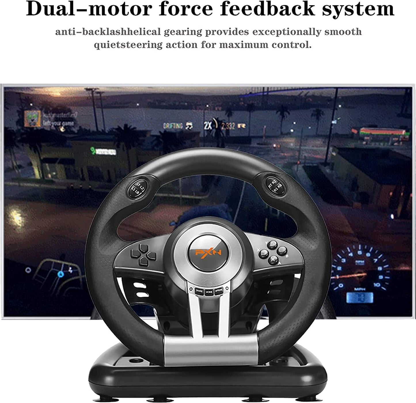 PXN V3II Simulate Racing Game Steering Wheel with Pedal, 180 Degree Steering Wheel, Compatible with Windows PC, PS3, PS4, for Switch - Black