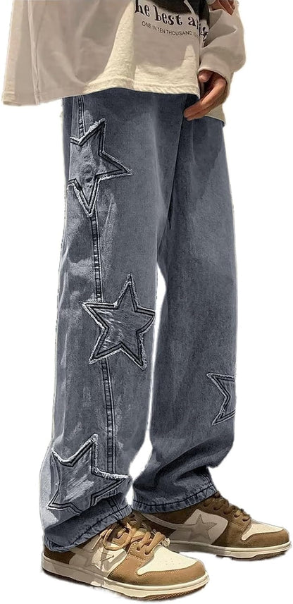 Mens Y2k Star Jeans High Waisted Hip Hop Streetwear Jeans Loose Baggy Embroidery Aesthetic Harajuku Denim Pants