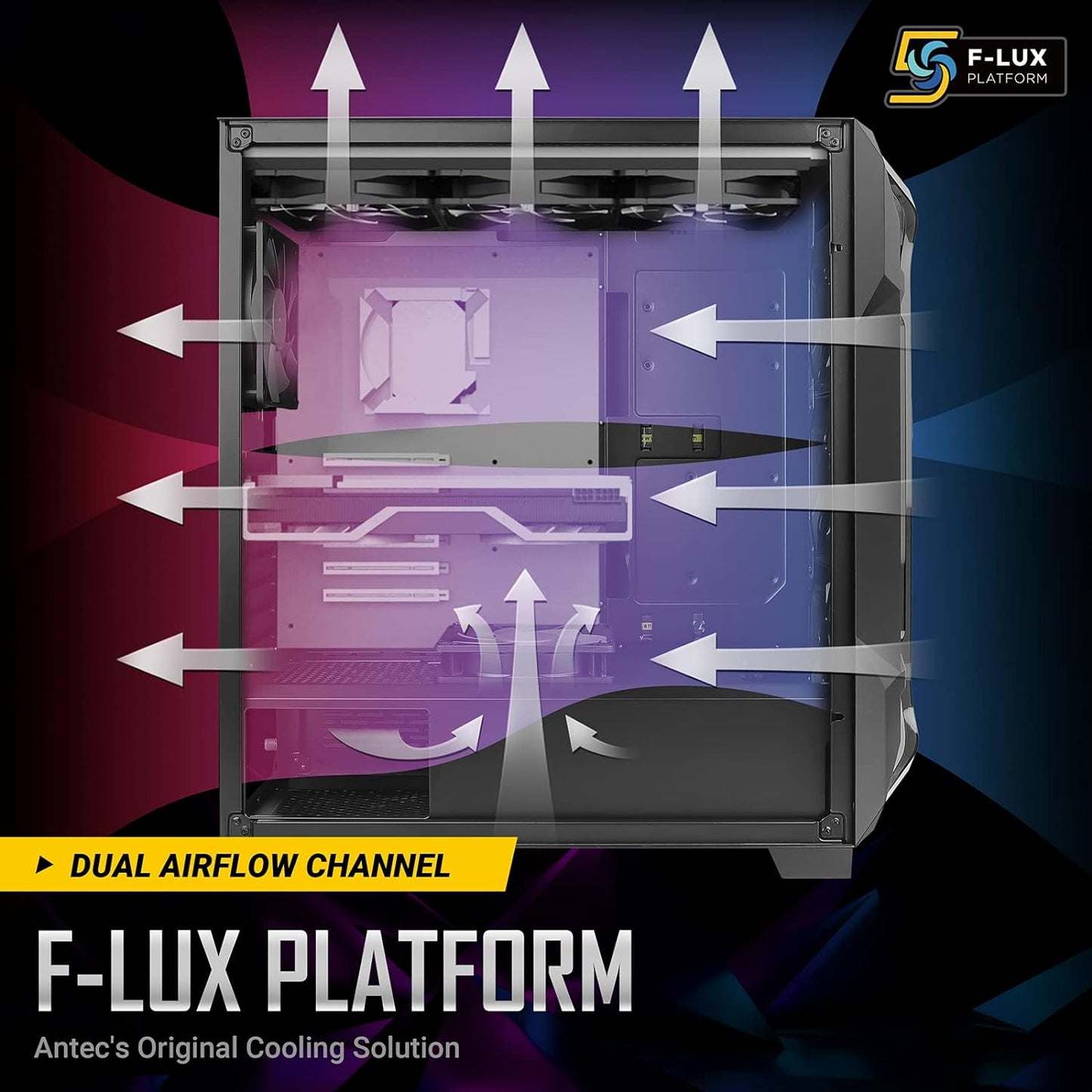 Antec Dark Phantom Dp502 Flux, Mid Tower Atx Gaming Case, Tempered Glass Side Panel, Swing Open Front Panel & Led Strips, F-Lux Platform, 3 X 120 Mm Argb, 1 X 120 Mm Reverse & 1 X 120 Mm Fans Included