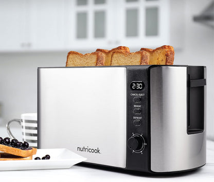 Nutricook Digital 4-Slice Toaster with LED Display, Stainless Steel Toaster with 2 Long & Extra Wide Slots, 6 Toasting Levels, Defrost|Reheat|Cancel,Removable CrumbTray,1500W,T104S, 2 year Warranty"