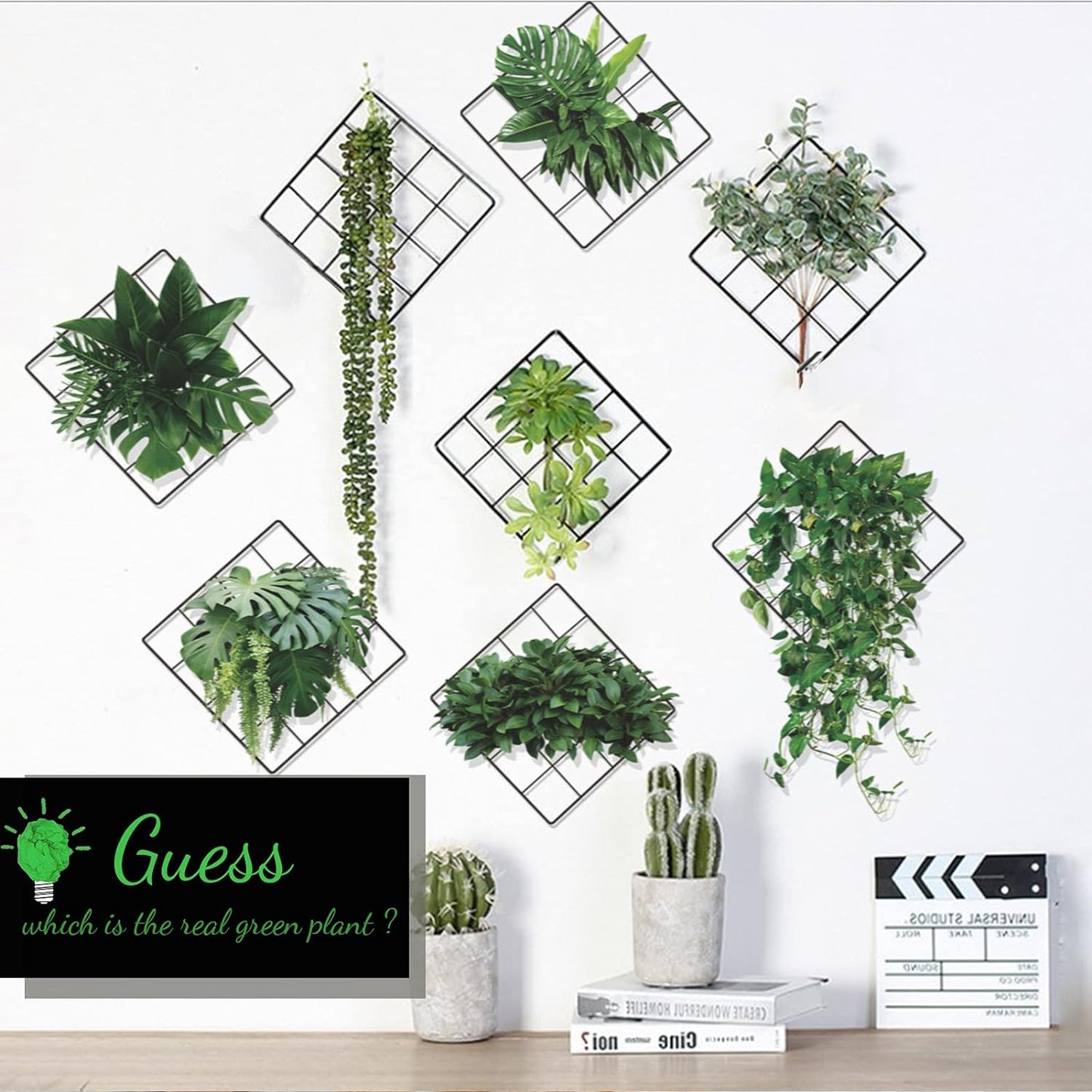 Magic 3D Effect Vivid Green Plants Monstera Leaf Ivy Grid Wall Decor Decal, Vinyl Removable Green Leaves Wall Stickers for Bedroom Living Room Office Kitchen Decorations, Set of 5(12”X12”)