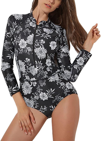 Maeau Women's Long Sleeve Rash Guard UV Protection Zipper Printed Surfing One Piece Swimsuit Bathing Suit