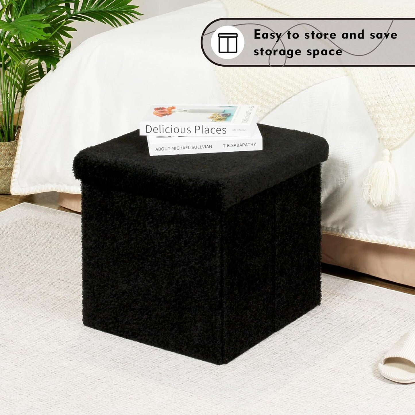 PINPLUS Storage Ottoman Foot Rest Stool, White Folding Sherpa Ottoman, Ottoman with Storage, Teddy Velvet Ottoman for Living Room, Bedroom, Dorm, 16.5" x 12.6" x 12.6"