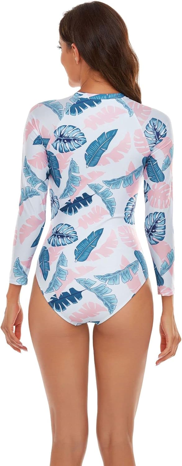 Women One Piece Swimsuit Printed Zipper Slim Long Sleeve Swimwear Bathing Suit