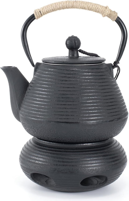 MILVBUSISS Cast Iron Teapot with Warmer, 35oz Tea Kettle Stovetop Safe with heater for Loose Leaf, Japanese Tea Pot Coated with Enameled Interior, 1000ml Black