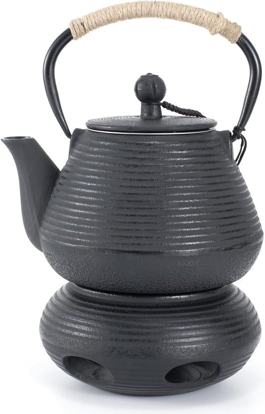 MILVBUSISS Cast Iron Teapot with Warmer, 35oz Tea Kettle Stovetop Safe with heater for Loose Leaf, Japanese Tea Pot Coated with Enameled Interior, 1000ml Black