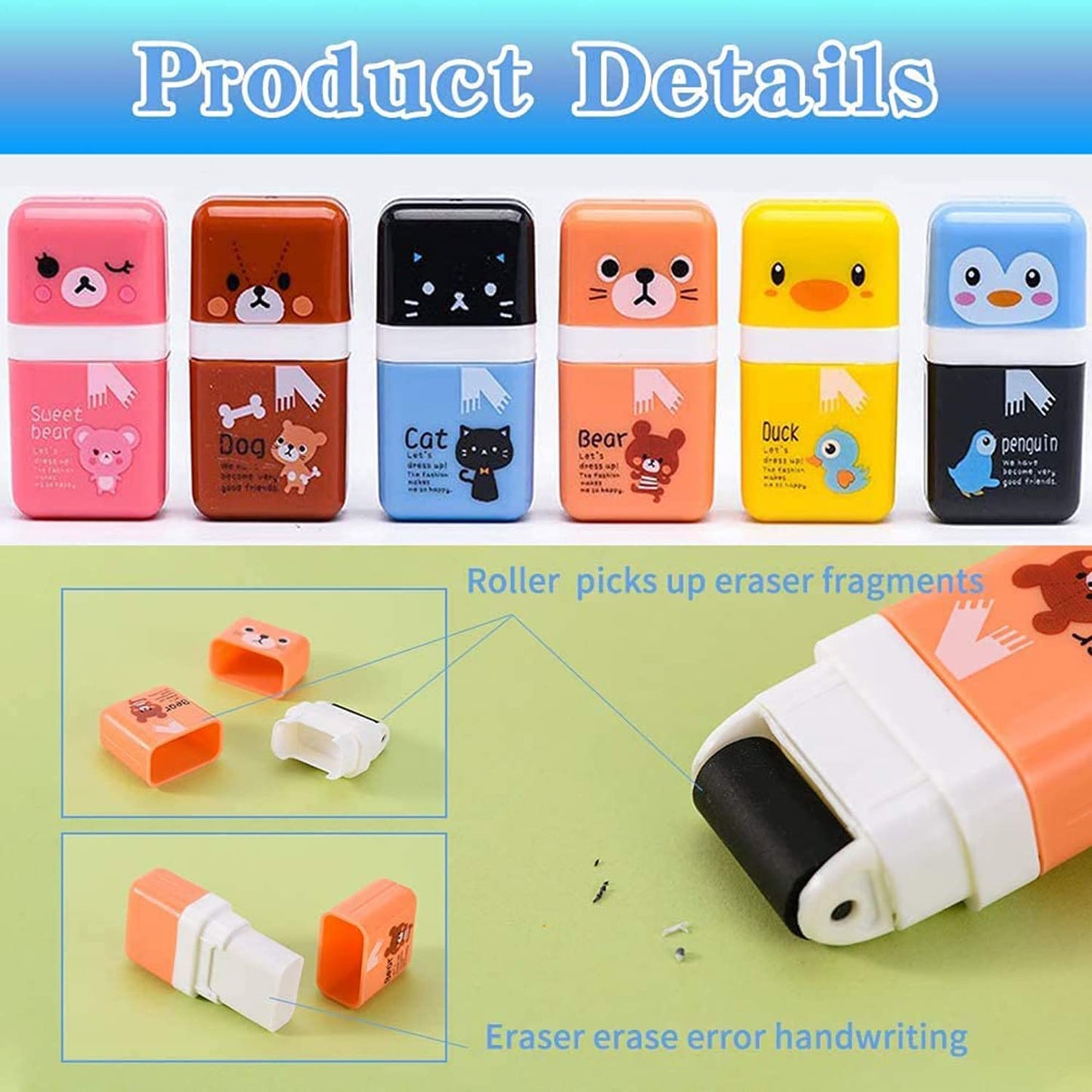 ELECDON Pencil Eraser Shaving Roller Case for Easy Pick Up and Removal | Animal Themed Cute and Fun Party Favor and School Supplies for Kids, Back to school gift(6 Pcs)