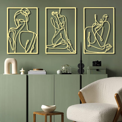 CHENGU 3 Pieces Metal Minimalist Abstract Woman Wall Art Line Drawing Wall Art Decor Single Line Female Home Hanging Wall Art Decor for Kitchen Bathroom Living Room (Black, Hand)