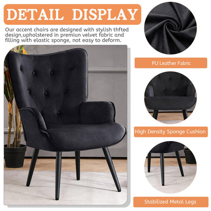 Furniliving Velvet Accent Chair Modern Upholstered Side Armchair with Tapered Legs Tufted Button Wingback Sofa Chairs Tall Back Reading for Living Room Bedroom Waiting Room, Black