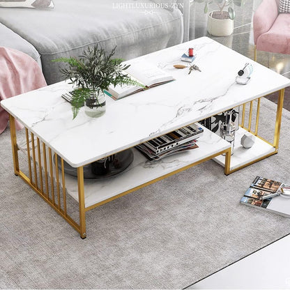 LEDIN Coffee Table with Storage, Rectangular Sofa Tables Open Shelf for Living Room, Center Marble Finish and Metal Frame Dining Home Office (White Marble + Gold)