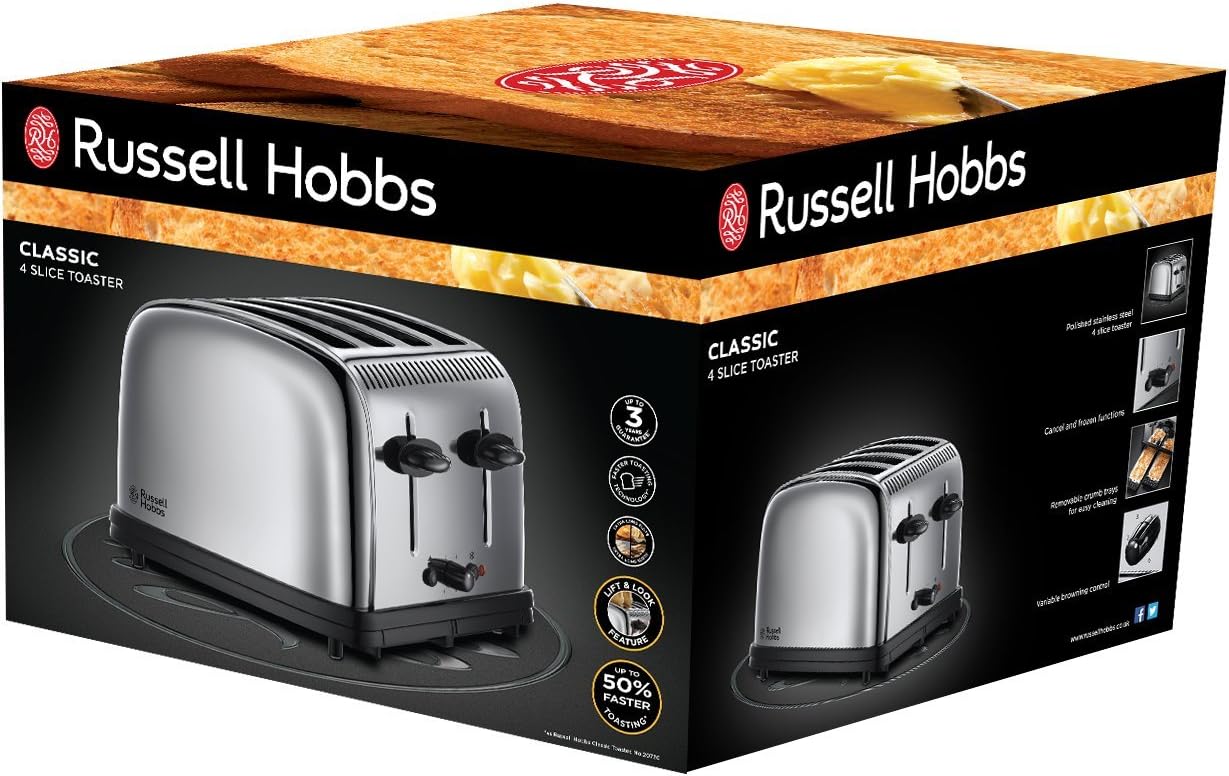 Russell Hobbs Stylevia (26290) 4-Slice Stainless Steel Toaster with High Lift, Variable Browning Settings with Defrost/Reheat/Cancel Function & Removable Crumb Tray - 1-Year Warranty