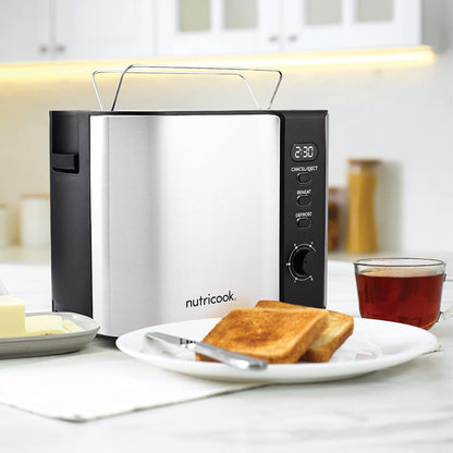 Nutricook Digital 4-Slice Toaster with LED Display, Stainless Steel Toaster with 2 Long & Extra Wide Slots, 6 Toasting Levels, Defrost|Reheat|Cancel,Removable CrumbTray,1500W,T104S, 2 year Warranty"