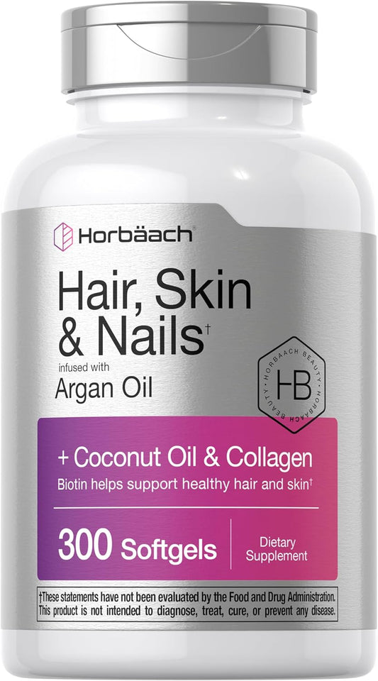 Hair Skin and Nails Vitamins | 300 Softgels | with Biotin and Collagen | Infused with Argan Oil and Coconut Oil | Non-GMO, Gluten Free Supplement | by Horbaach
