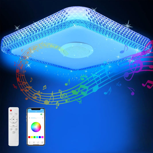 LED Ceiling Light with Remote Control and App, 4000 LM Ceiling Light with Bluetooth Speaker RGB Music Lamp Ceiling Modern Adjustable Colour Changing for Bedroom Living Room Children's Room (B-Square)