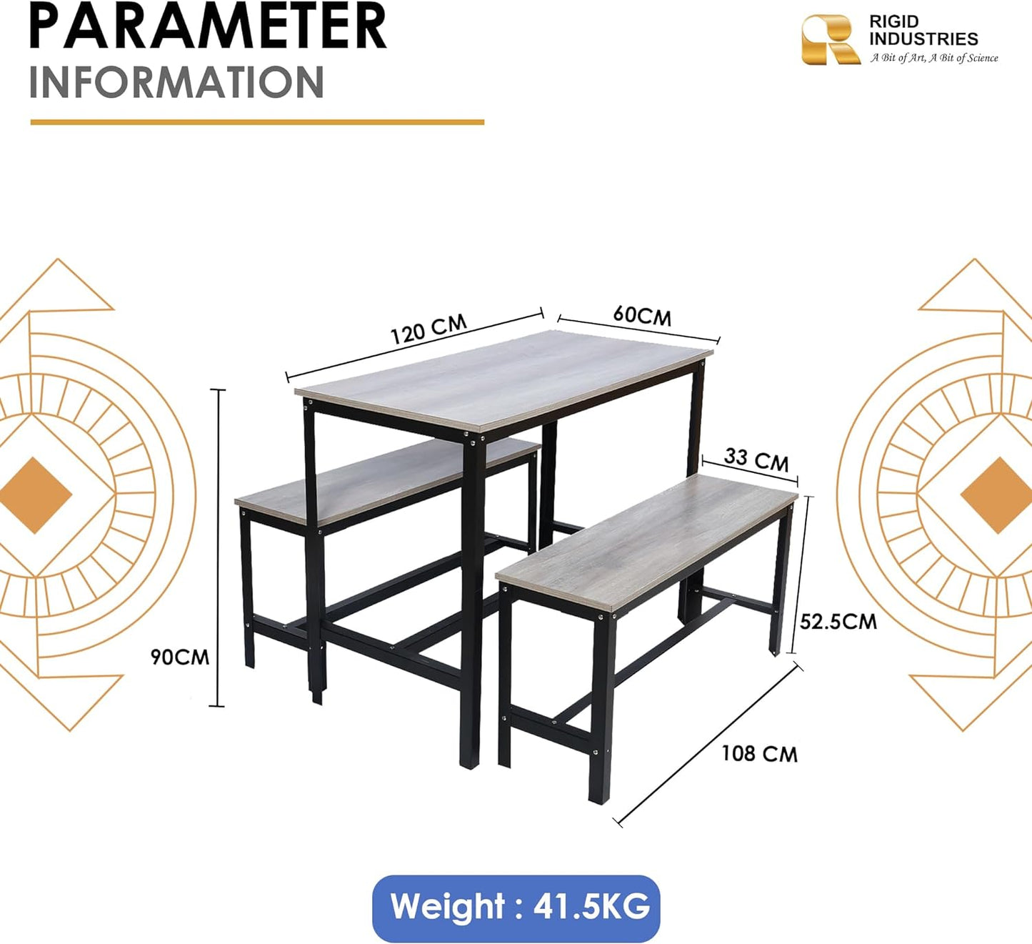 RIGID Wooden Dining Room Set, Durable Steel Frame, Industrial Design for Kitchen, Dining Room, Living Room Furniture (Wooden Desk and Bench Set)