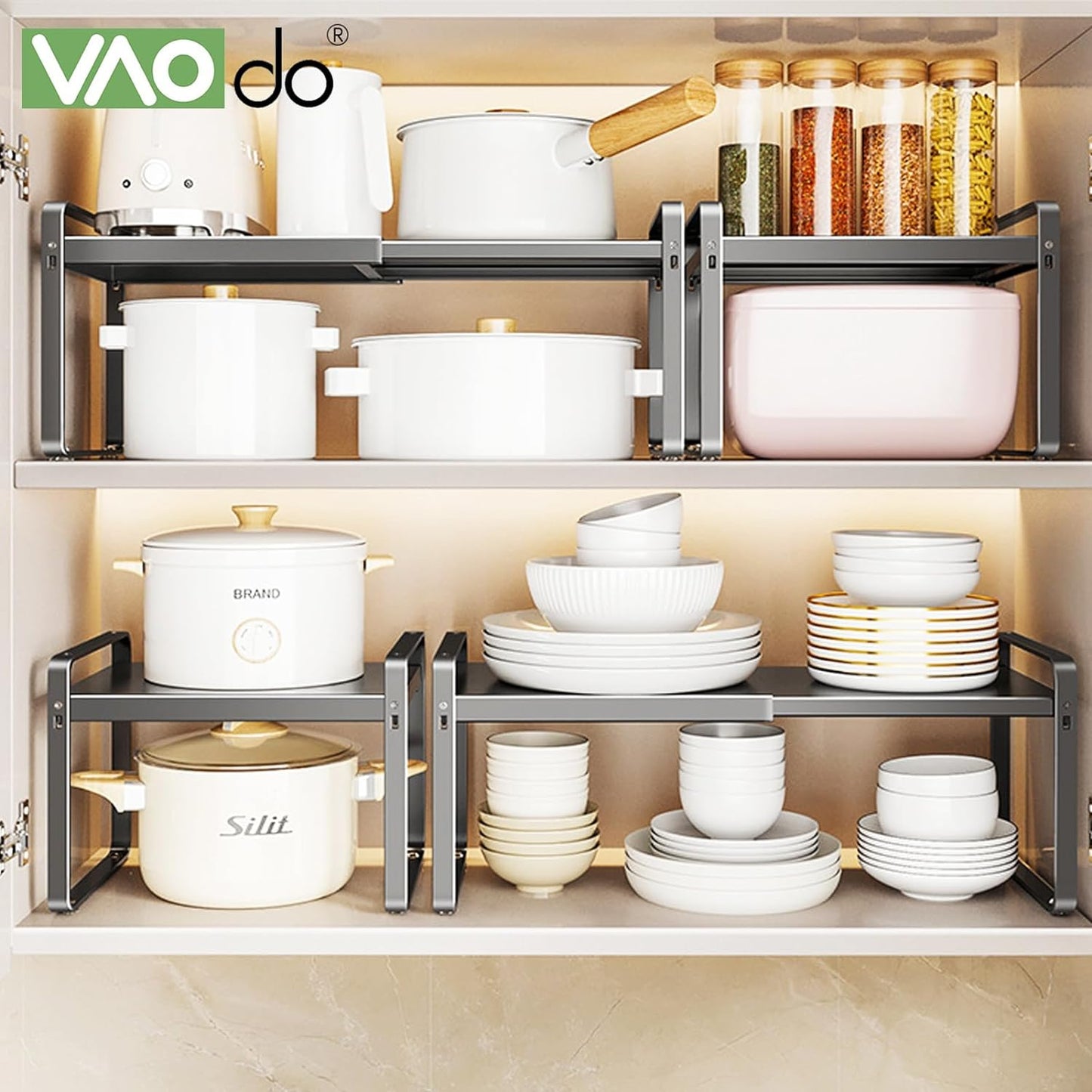 VAODO Expandable Countertop Organizer Shelf, Under Sink Storage Organizer, Cabinet Storage Shelf, Cupboard Stand Kitchen Spice Rack, Stackable Heavy Duty Adjustable Height (28cm*26cm,Gray)