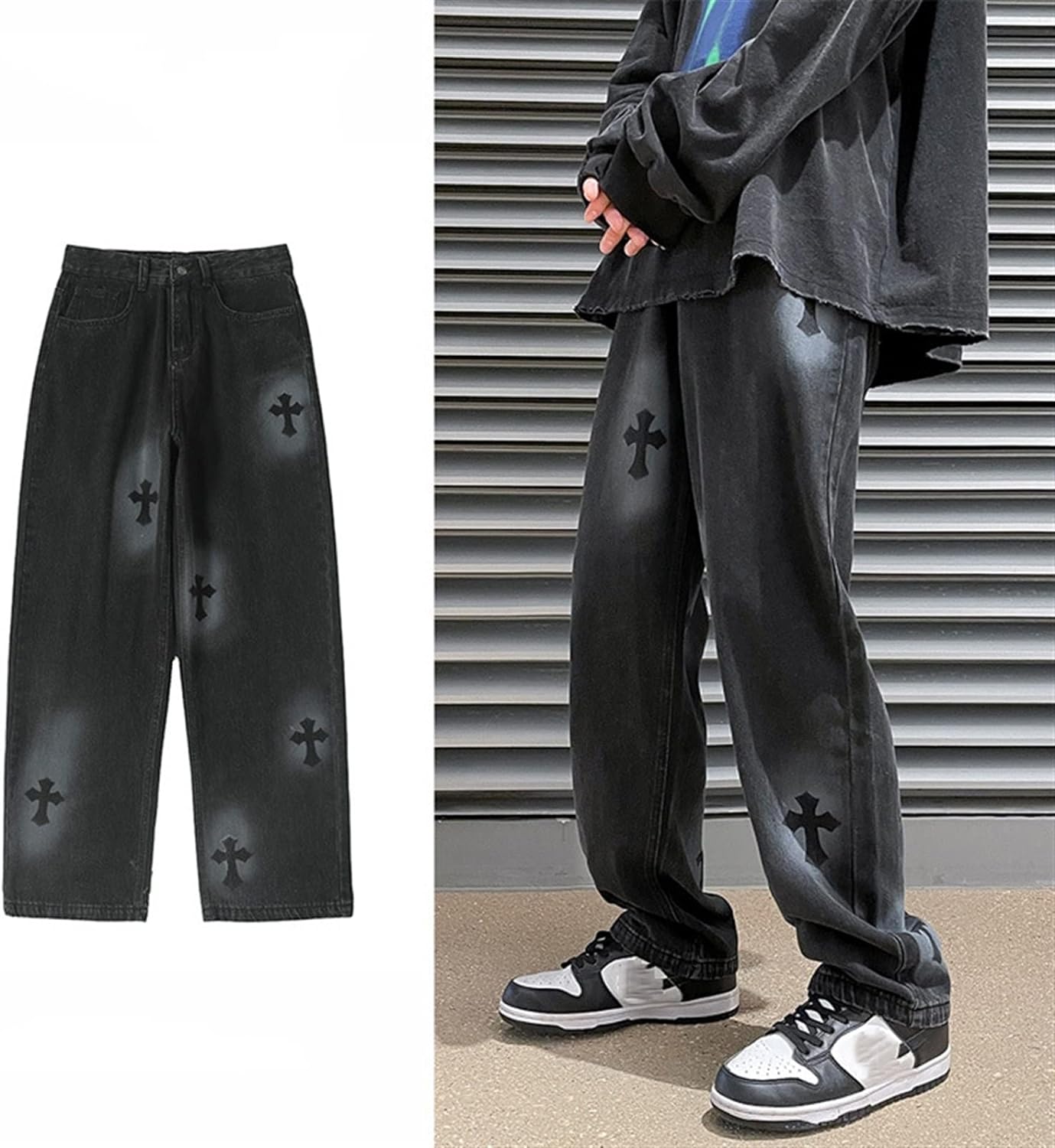 Men Jeans Baggy Straight Relaxed Cargo Work Pants With Pockets, Men's Loose Hip-hop Printed Baggy Denim Jeans