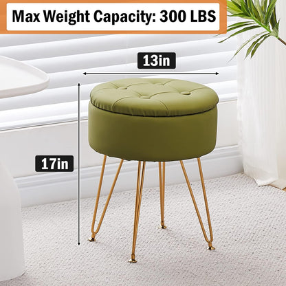 Cpintltr Faux Leather Storage Ottoman Round Footrest Stool Multifunctional Upholstered Ottoman with Metal Legs Modern Vanity Stools Tray Top Coffee Table Suitable for Living Room Bedroom Black