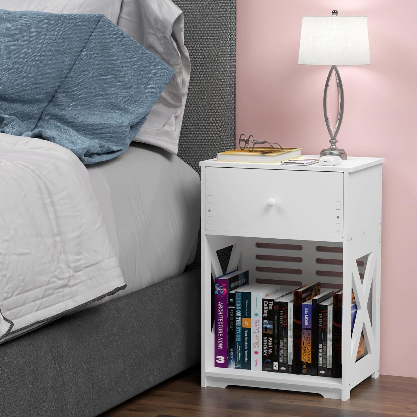 Rerii Bed Side Table, Night Stand, End Table Small Bathroom Storage Cabinet with Drawer for Bedroom, Living Room, Bathroom, White