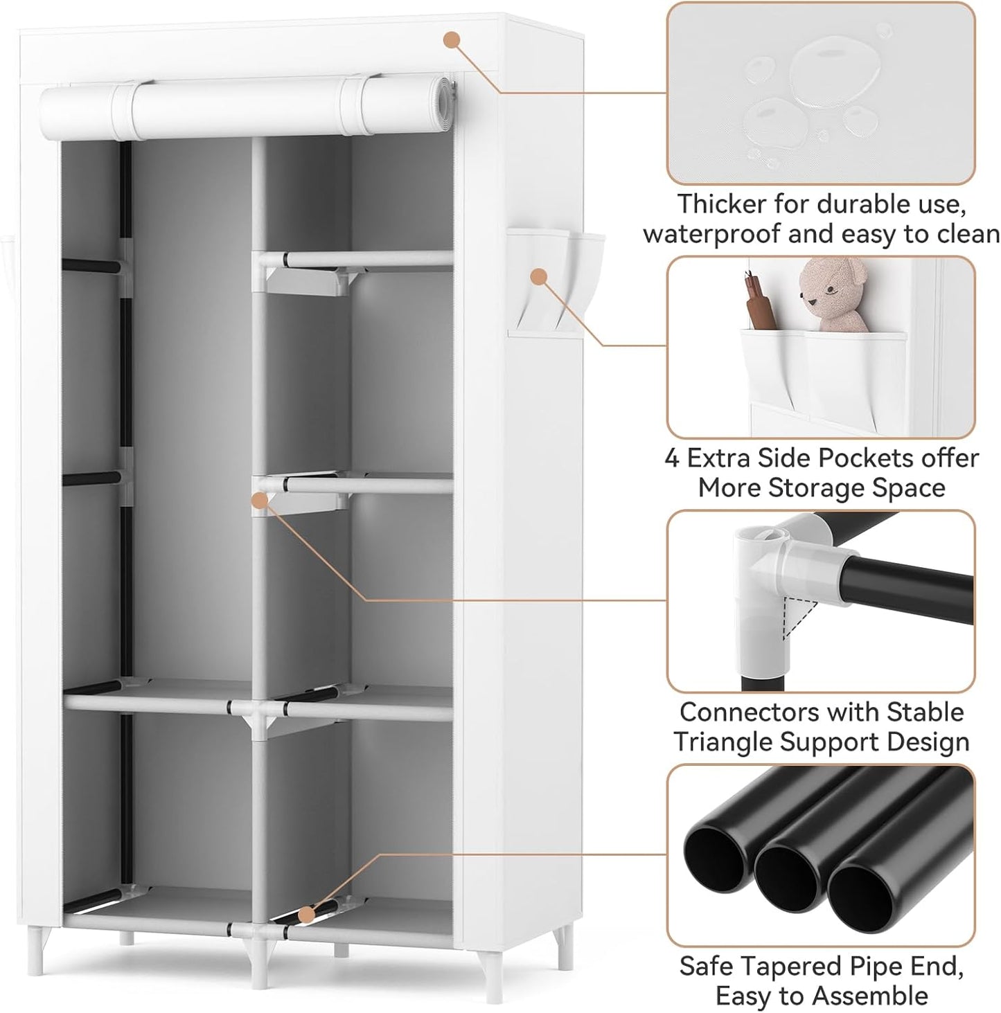 ROJASOP Portable Closet Wardrobe Closet for Hanging Clothes with 6 Storage Shelves, 1 Hanging Rod and 4 Pockets, Free Standing Closet Clothes Organizer for Bedroom, Sturdy and Easy Assemble