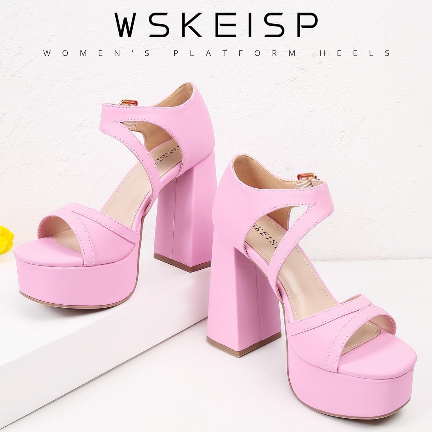 WSKEISP Platform Chunky Heels for Women Trendy Square Toe Heeled Sandals Black White Pink Silver Gold High Heels Ankle Strap Party Wedding Dress Pumps