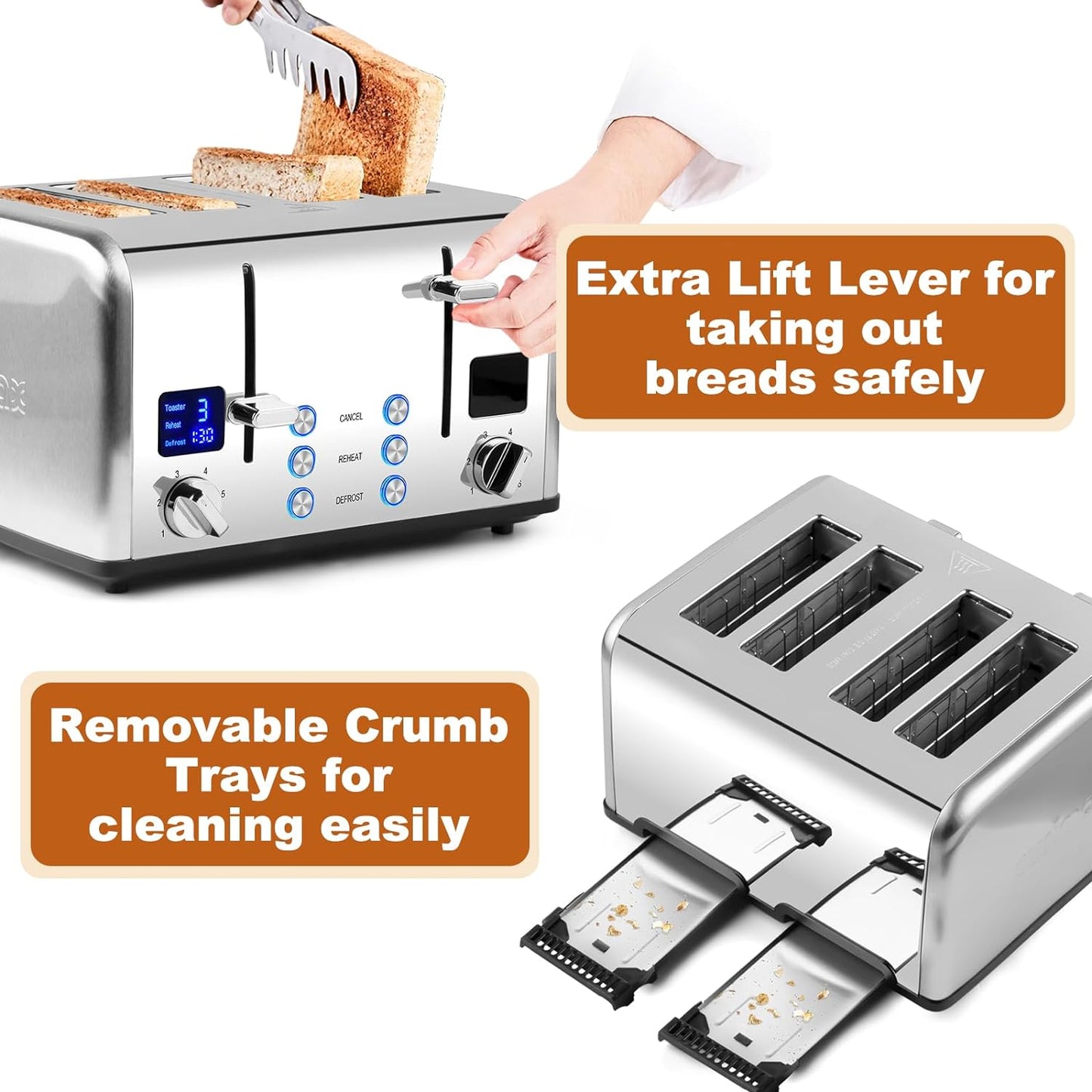 CUSIMAX 4 Slice Toaster LED Display Bread Toaster with Dual Control Panels of Timer, Extra Wide Slots and 6 Browning Settings, Cancel/Reheat/Defrost Function, Removable Crumb Trays, Silver