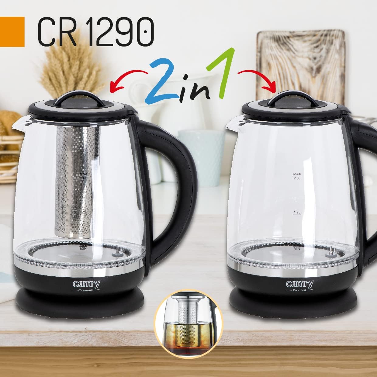 CAMRY Germany technology touch control smart glass kettle with tea infuser 2 liters 2200W 1 year warranty