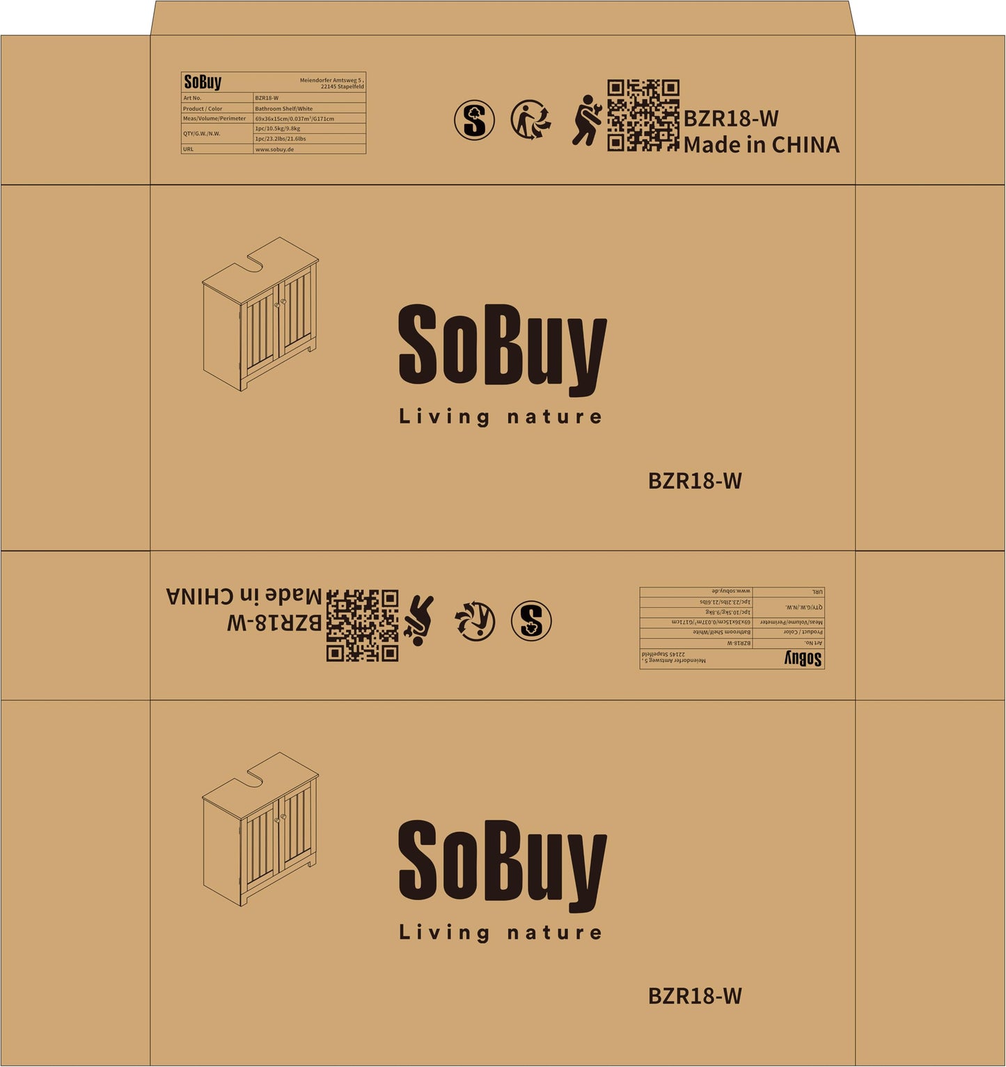 SoBuy (UAE STOCK) BZR18-II-W, Under Sink Cabinet Bathroom Vanity Unit Bathroom Storage Cabinet with 2 Doors, Suitable for Pedestal Sinks