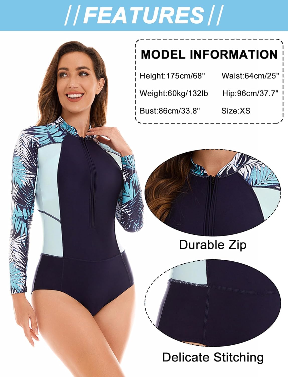 Maeau Women's Long Sleeve Rash Guard UV Protection Zipper Printed Surfing One Piece Swimsuit Bathing Suit