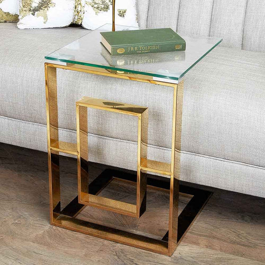 C Shaped Side Table for Living Room Furniture, 55cm Gold End Table with Metal Frame & Tempered Glass Tabletop, Modern Design Sofa Table for Laptop