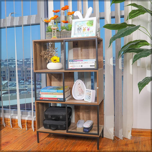 YAHOME 3 Tier Book Shelf File Magzine Newspaper Organizer With Large Storage Compartments Bookcase with Legs for Bedroom,Living Room,Office Decor