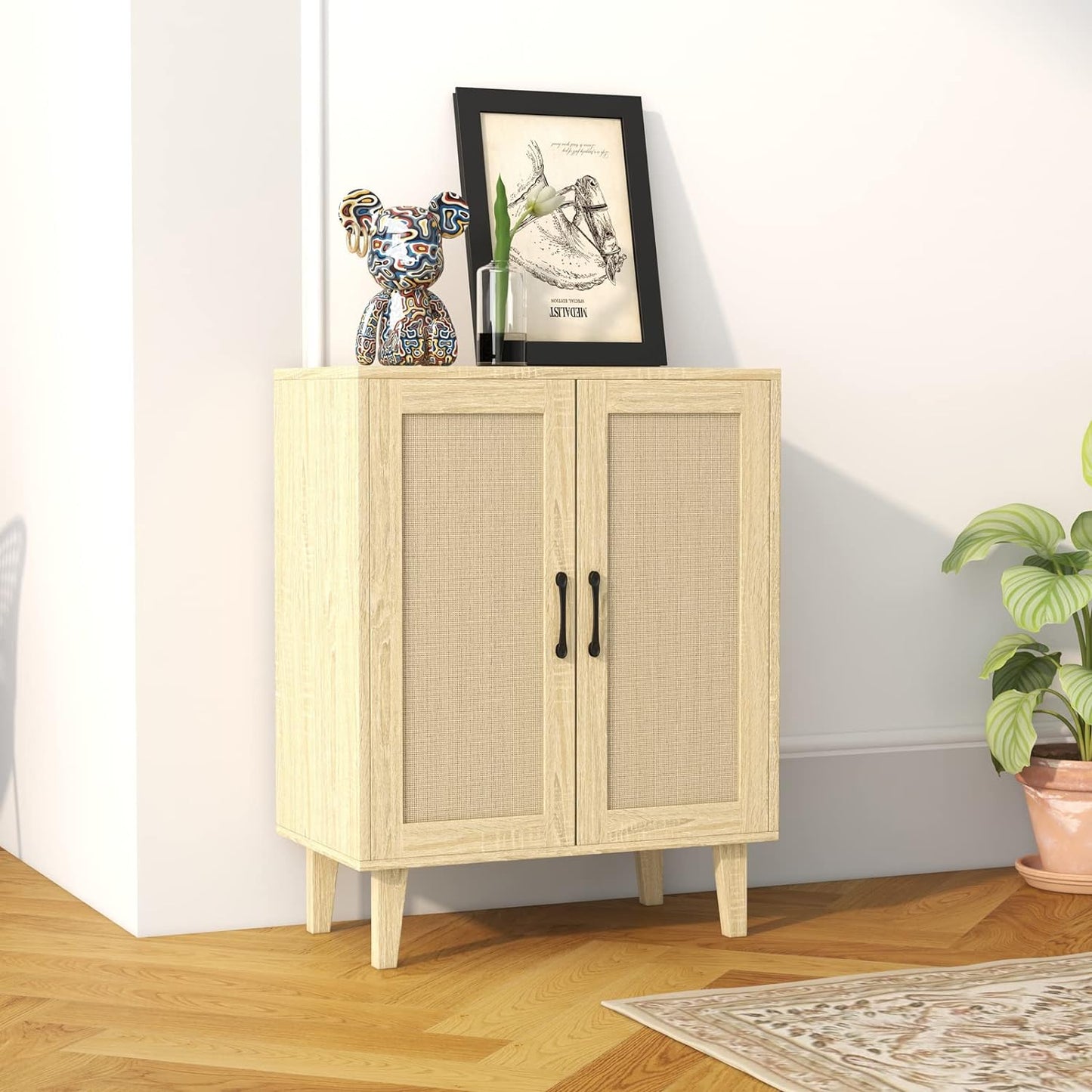 Panana Buffet Cabinet Sideboard with Rattan Decorated Doors Kitchen Storage Cupboard Accent Cabinet (White)