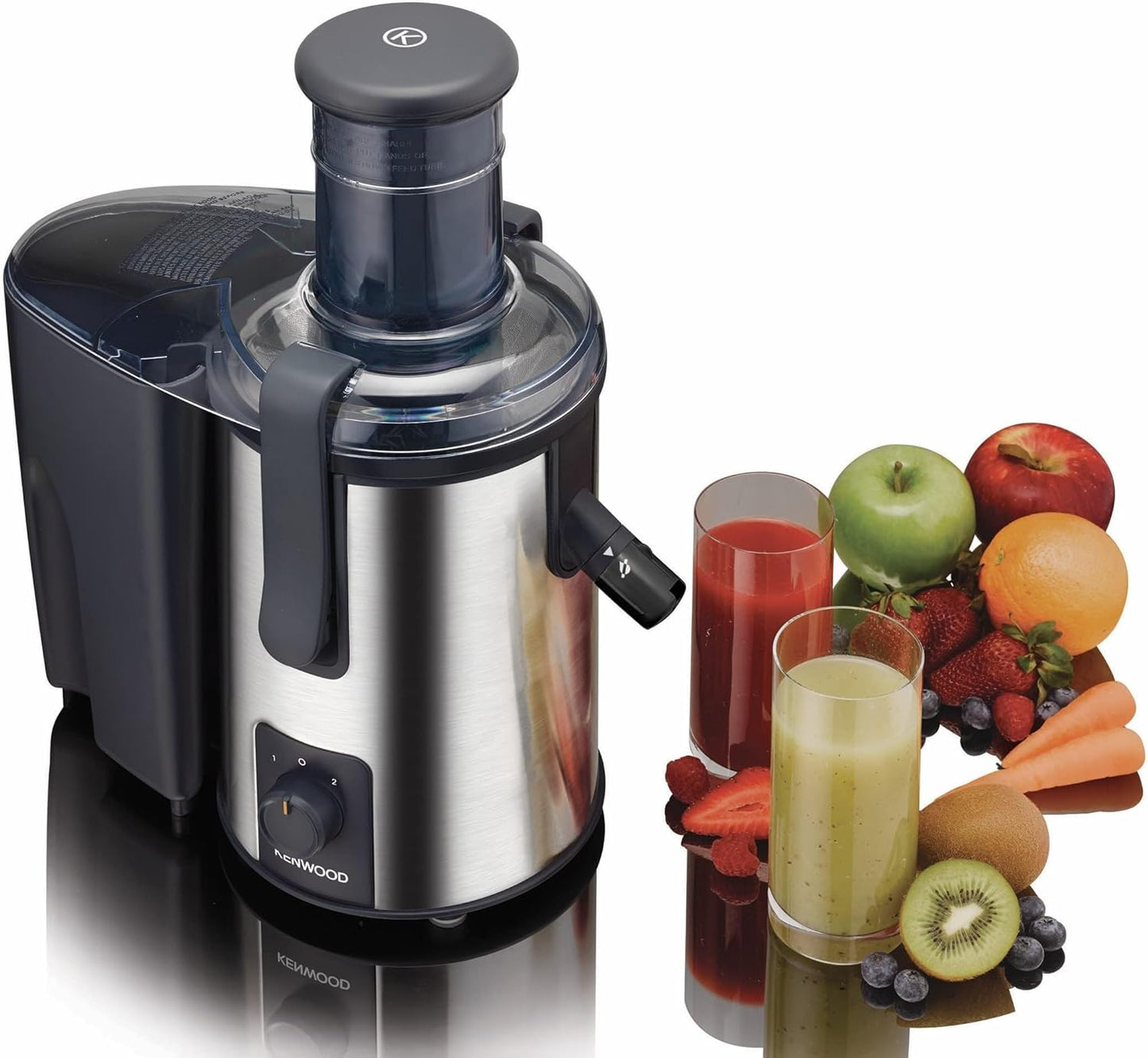 KENWOOD Juicer 700W Stainless Steel Juice Extractor with 75mm Wide Feed Tube, 2 Speed, Transparent Juice Jug, Pulp Container, Anti Drip for Home, Office, Restaurant &Cafeteria JEM51.000GS Grey/Silver