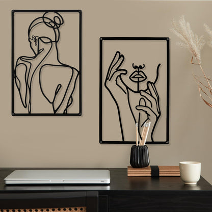 CHENGU 3 Pieces Metal Minimalist Abstract Woman Wall Art Line Drawing Wall Art Decor Single Line Female Home Hanging Wall Art Decor for Kitchen Bathroom Living Room (Black, Hand)