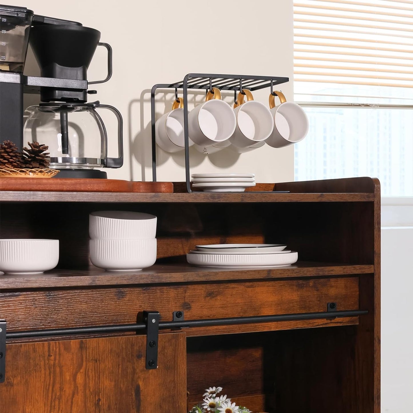 ALBAD Coffee Bar Cabinet/Table, 32" Buffet Sideboard with Sliding Barn Door and Storage Shelves, Farmhouse Wood Kitchen/Accent Storage Cabinet White