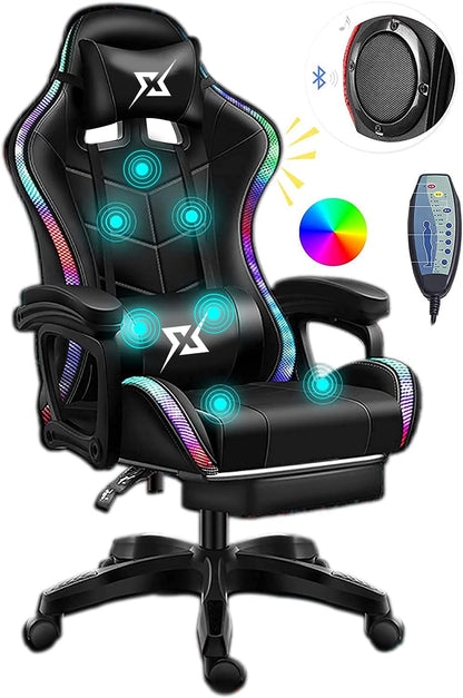 COOLBABY Gaming Chair LED Light Racing Chair,Ergonomic Office Massage Chair,Lumbar Support and Adjustable Back Bench,Bluetooth Speaker…