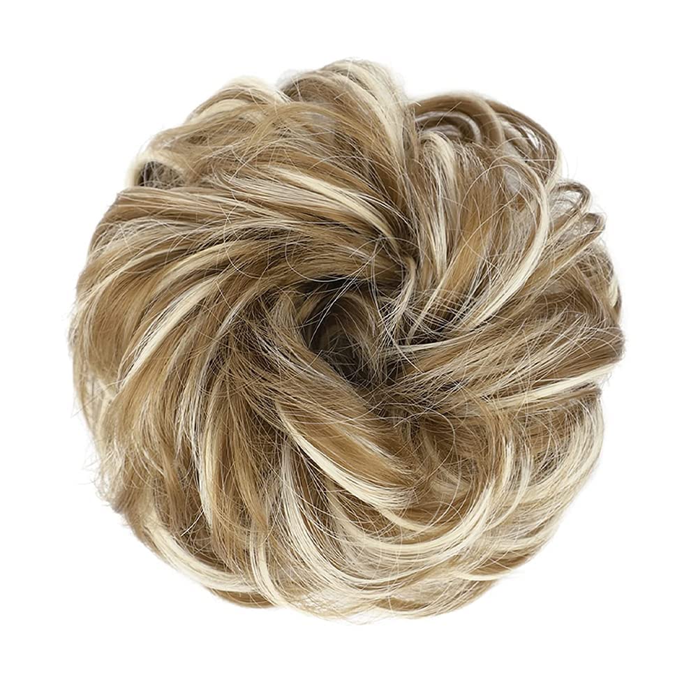 MORICA 1PCS Messy Hair Bun Hair Scrunchies Extension Curly Wavy Messy Synthetic Chignon for Women (12AH613(Light Golden Brown & Lightest Blonde))